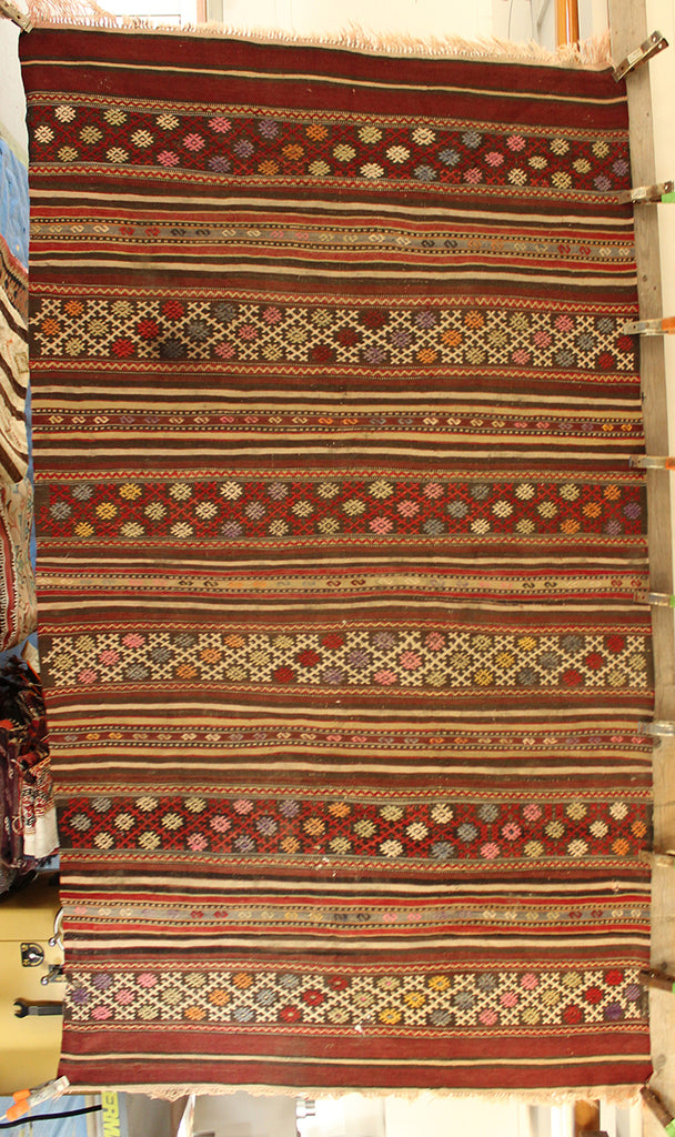 4'10 x 8'11 Turkey Balikesir Kilim-Banded Semi -Antique Rug
