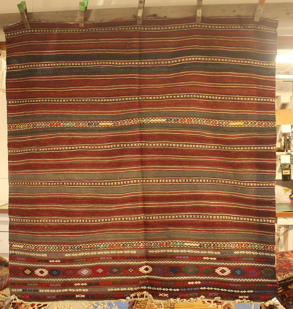 4'10 x 4'7 Turkish Fethiye-banded Kilim Rug